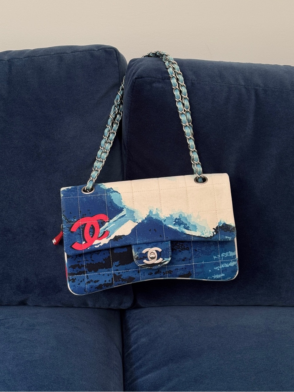 Rare Chanel 2002 Surf Line Choco Bar flap Blue Canvas Silver Hardware